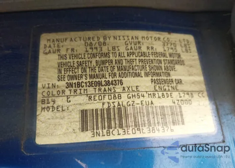 2009 Nissan Versa 1.8Sl z USA, uszkodzony, nr VIN 3N1BC13E09L384376